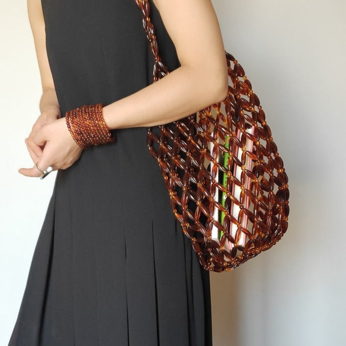 Miss Beaded Tortoise Shell Oblong Weaving Tote Bag ClosetBlues